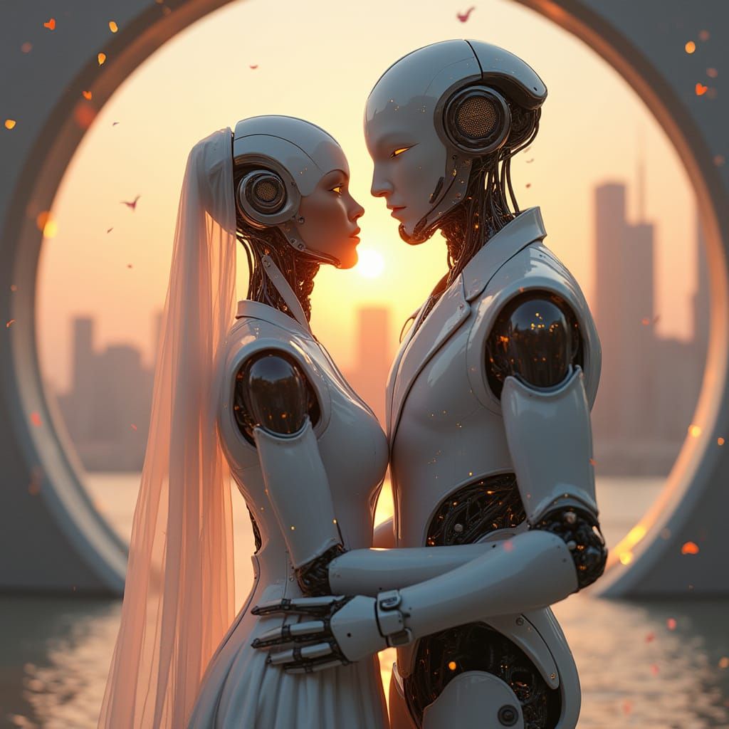 Romantic Robot Wedding in Futuristic City