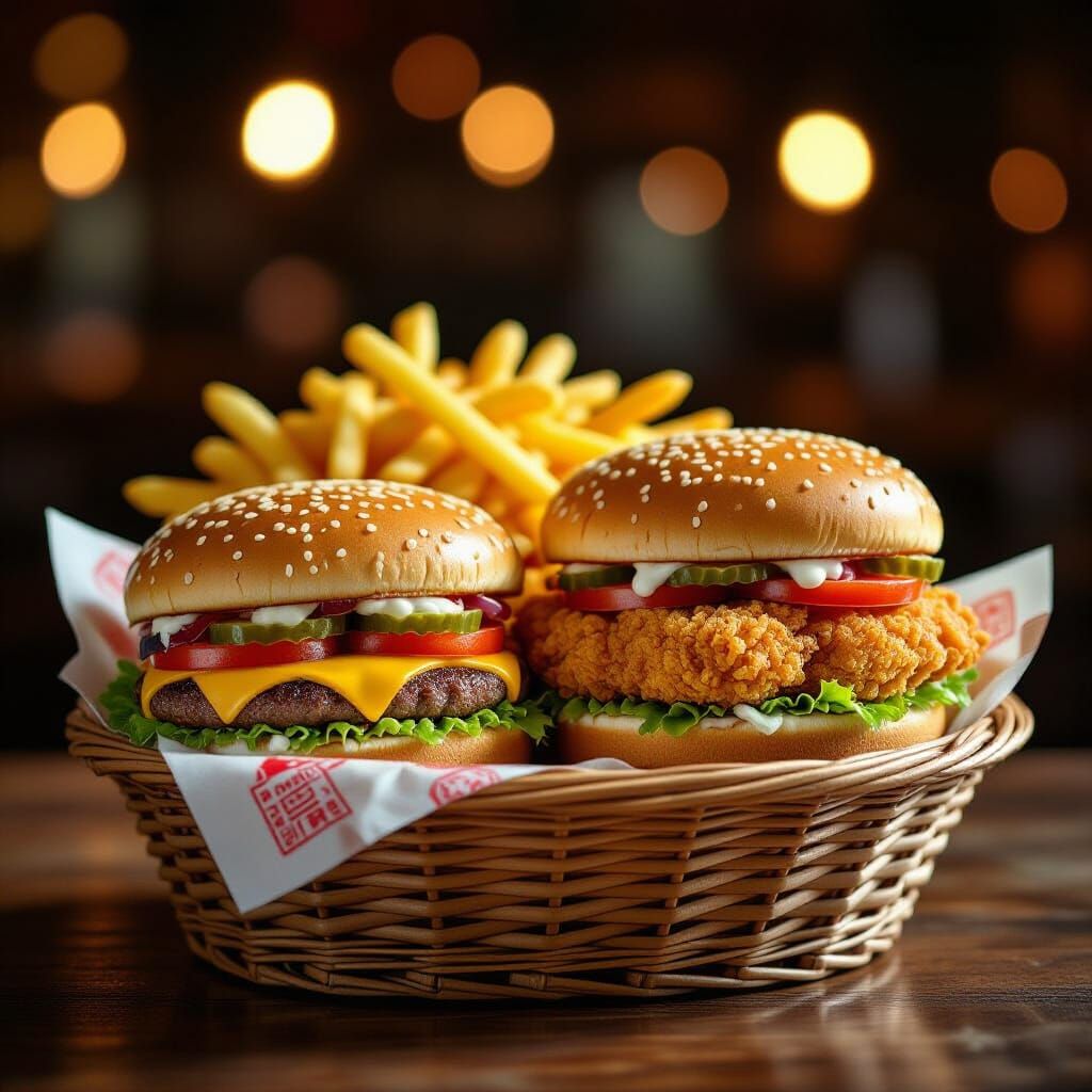 Hyperrealistic Fast Food Basket: Burger, Fries, Chicken Sand...