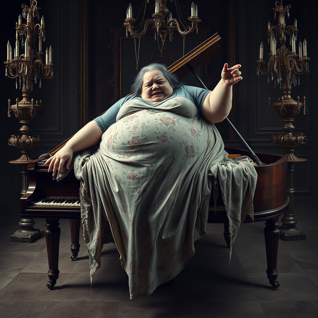 Morbidly Obese Woman on Piano in Macabre Surrealism