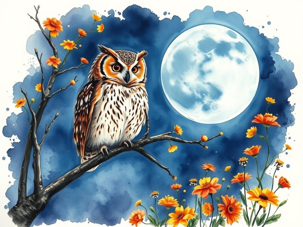 Surreal Watercolour Moonlit Scene with Owl and Blooming Wild...