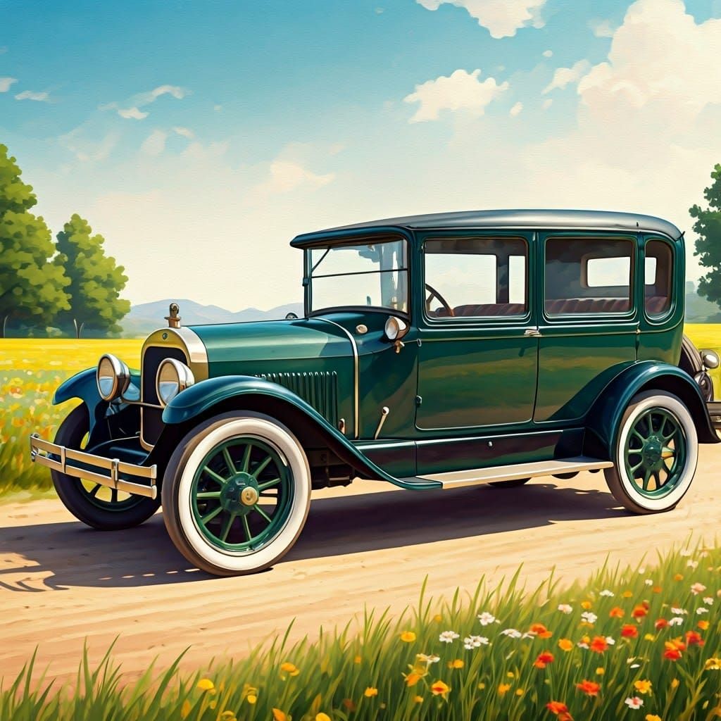 Vintage Studebaker 4-Series Automobile in a Flowery Field