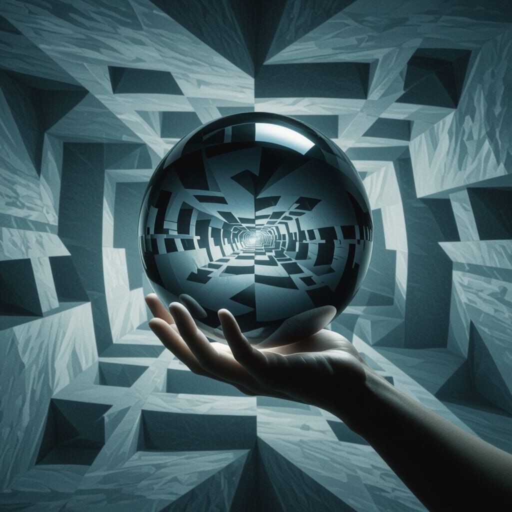 Surreal Hand Holding Reflecting Sphere in Chiaroscuro