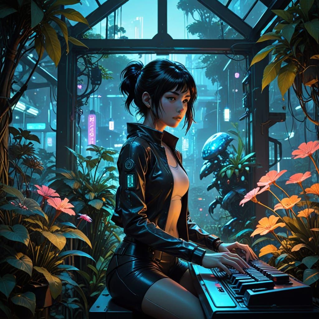 Gothic Cyberpunk Hacker in Bioluminescent Greenhouse