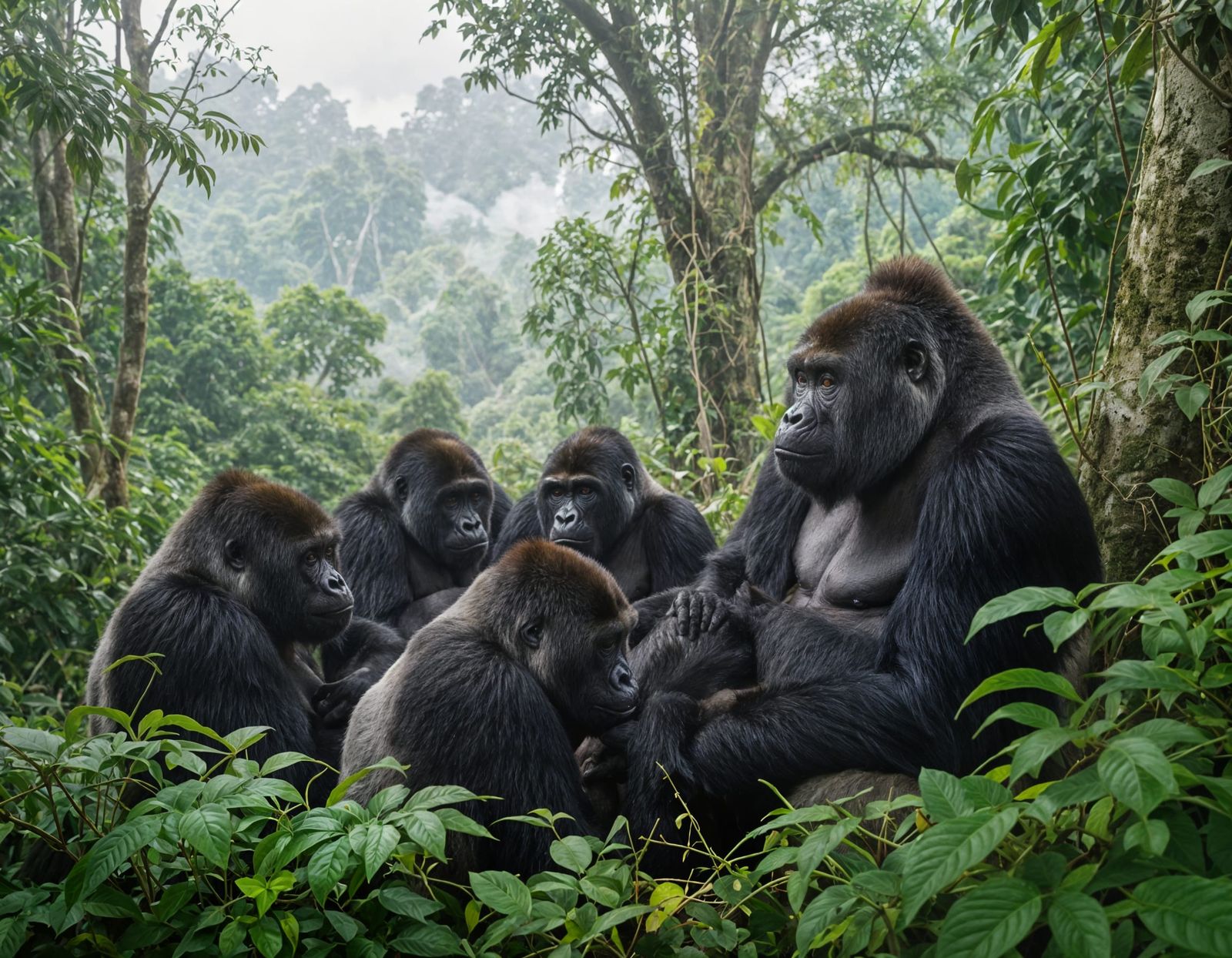 Gorilla Family in Misty Rwanda Forest Canopy