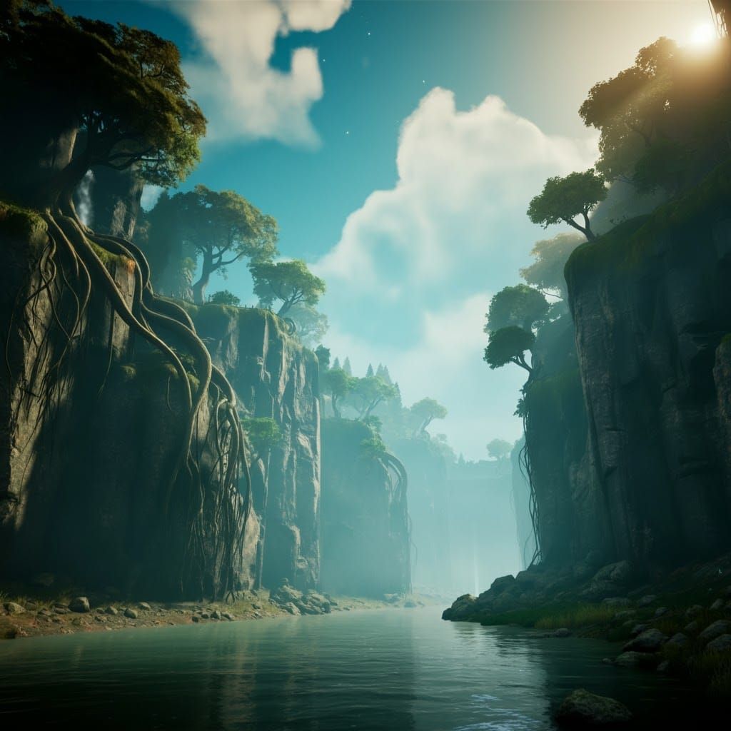 Majestic River Through Ancient Gorge: Matte Painting