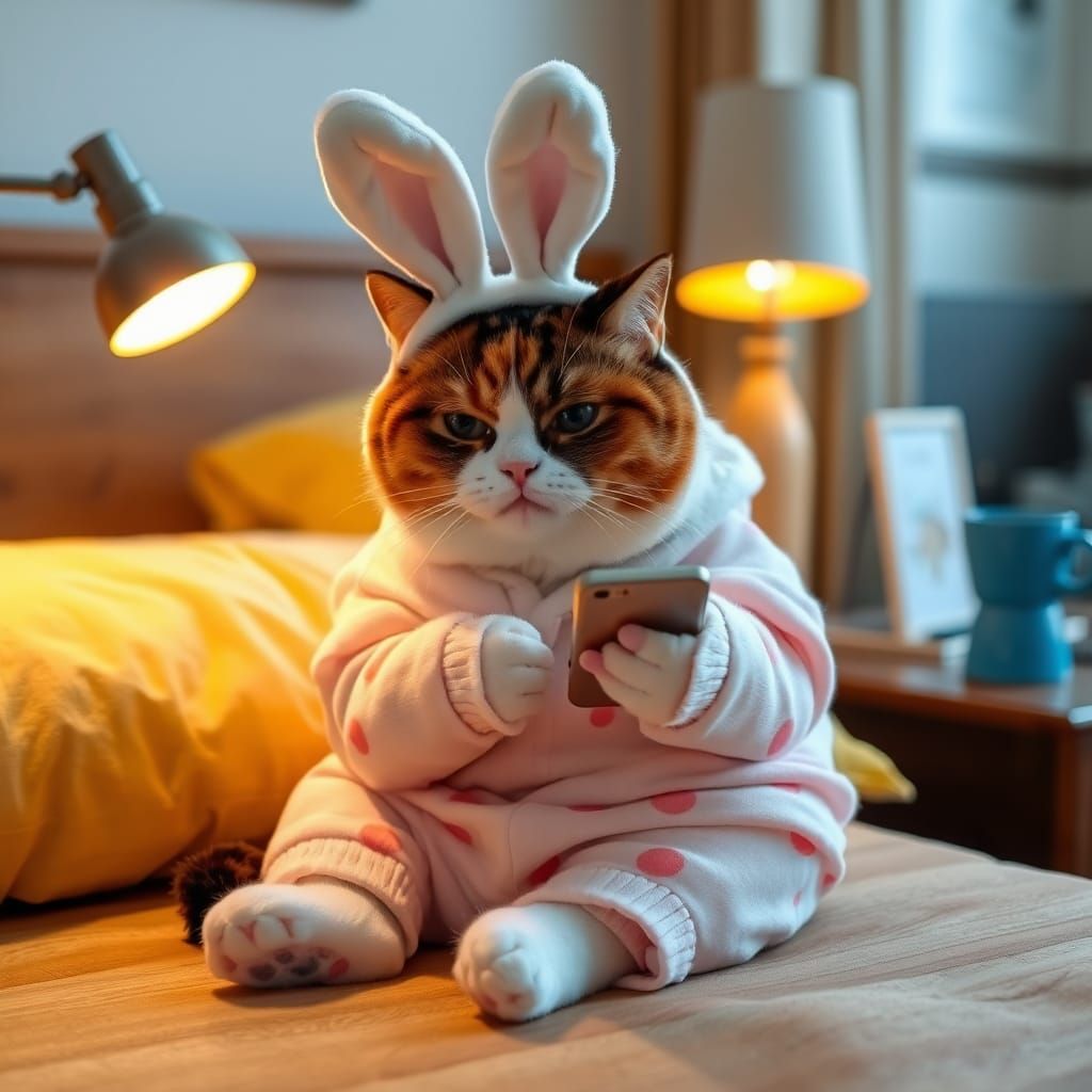 Calico Cat in Pajamas Using Phone in Cozy Room