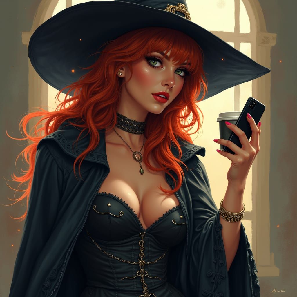 Modern Witch with Latte in Hyperrealistic Splash Art