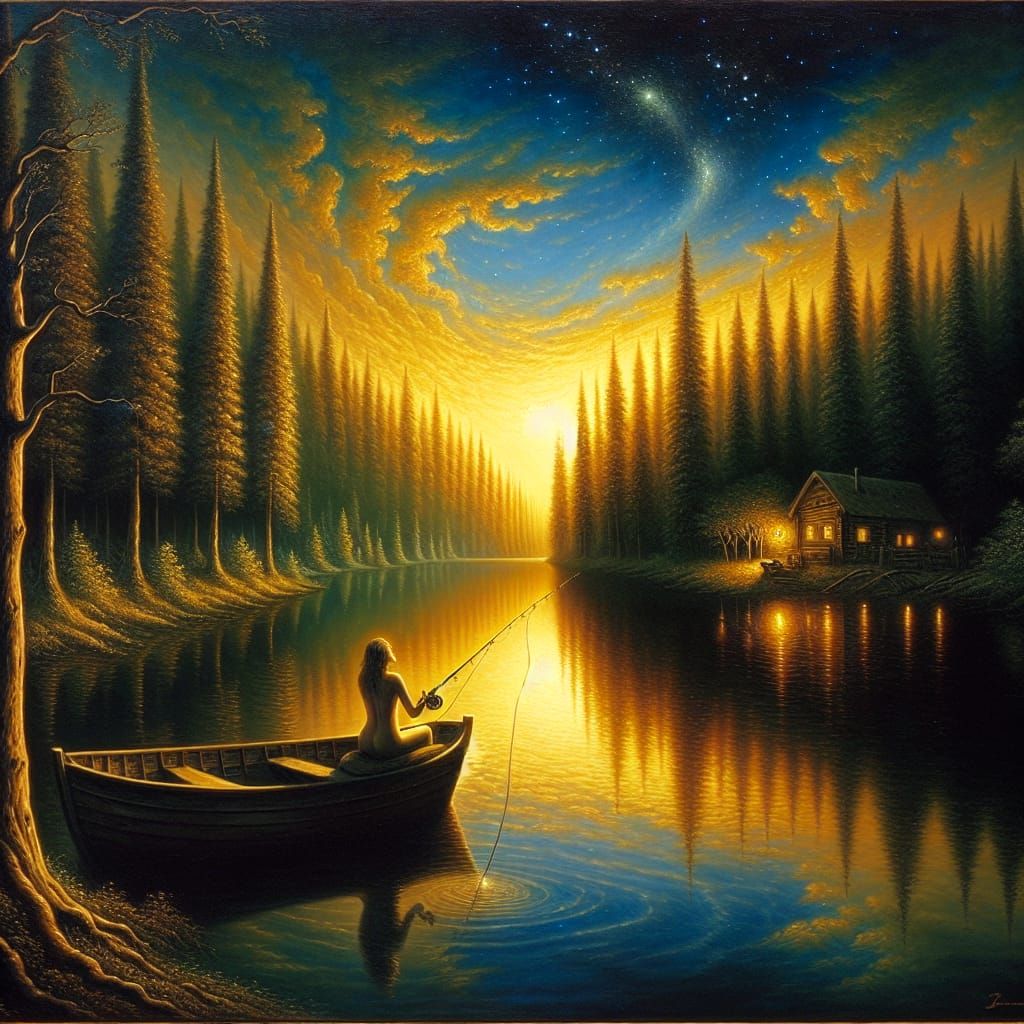Tranquil Sunset Fishing: An Expressionistic Oil Painting