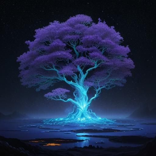 Crystal Tree with Bioluminescent Leaves and Floating Islands