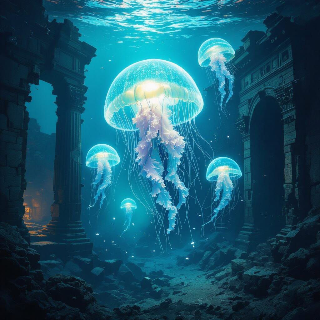 Bioluminescent Jellyfish Illuminate Underwater Ruins