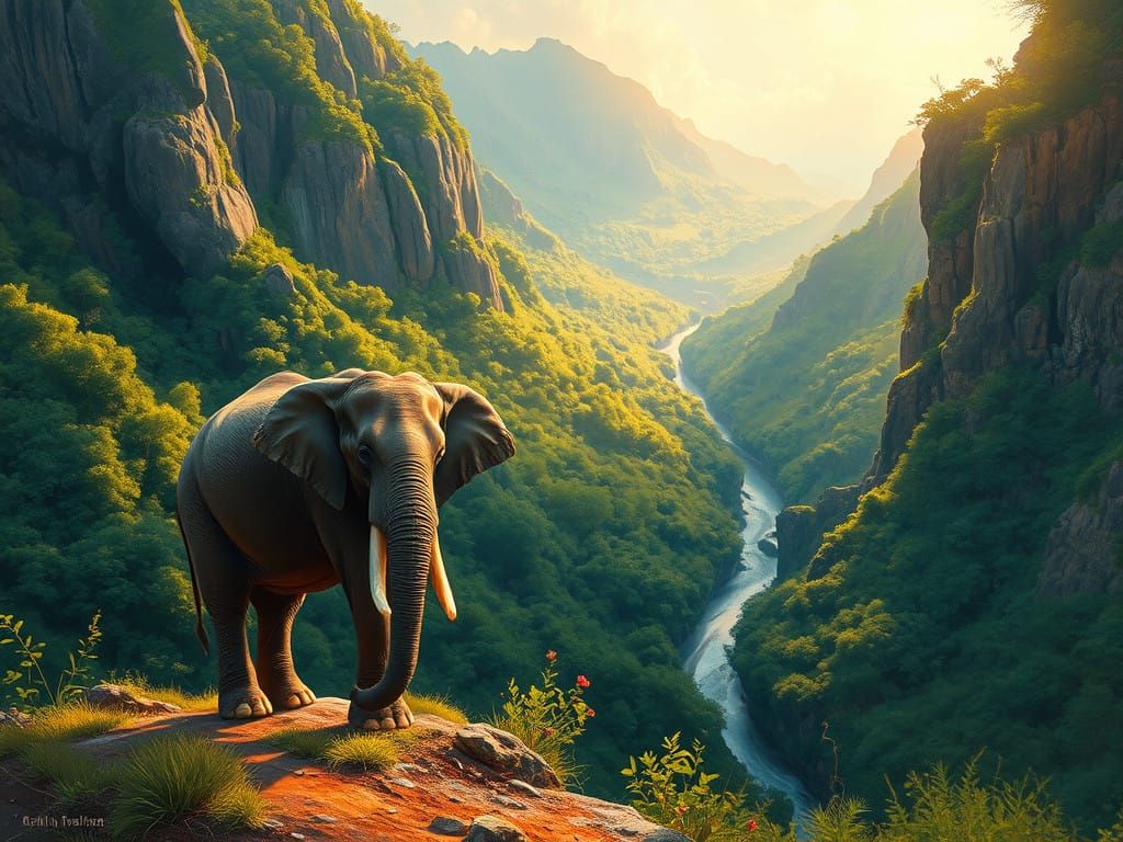 Serene Elephant in Lush Indian Gorge