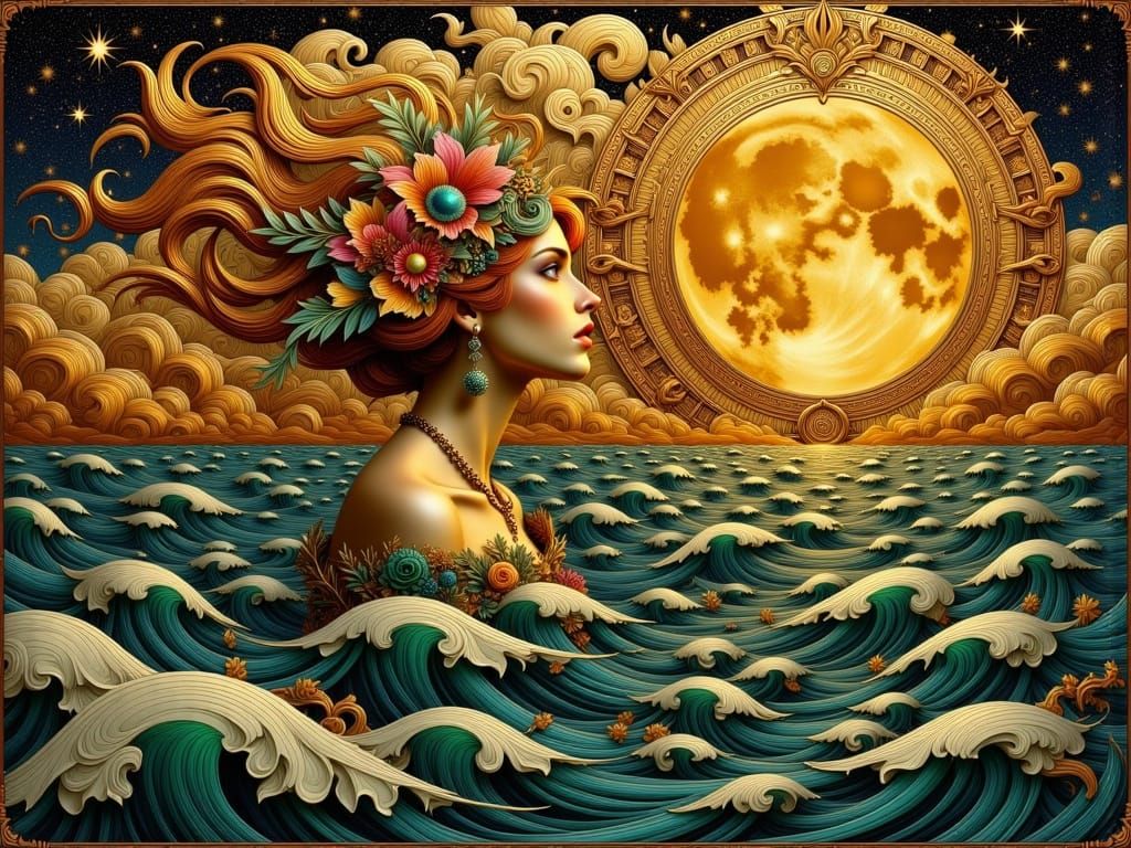 Grotesque Moon Shines at Night in Klimt Style