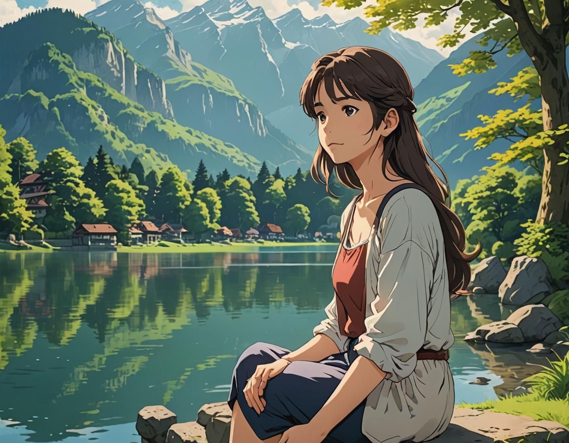 Ghibli Girl by Lake in Switzerland: Anime Art