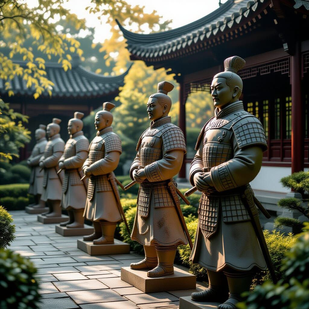 Detailed Terracotta Soldiers in Serene Chinese Garden