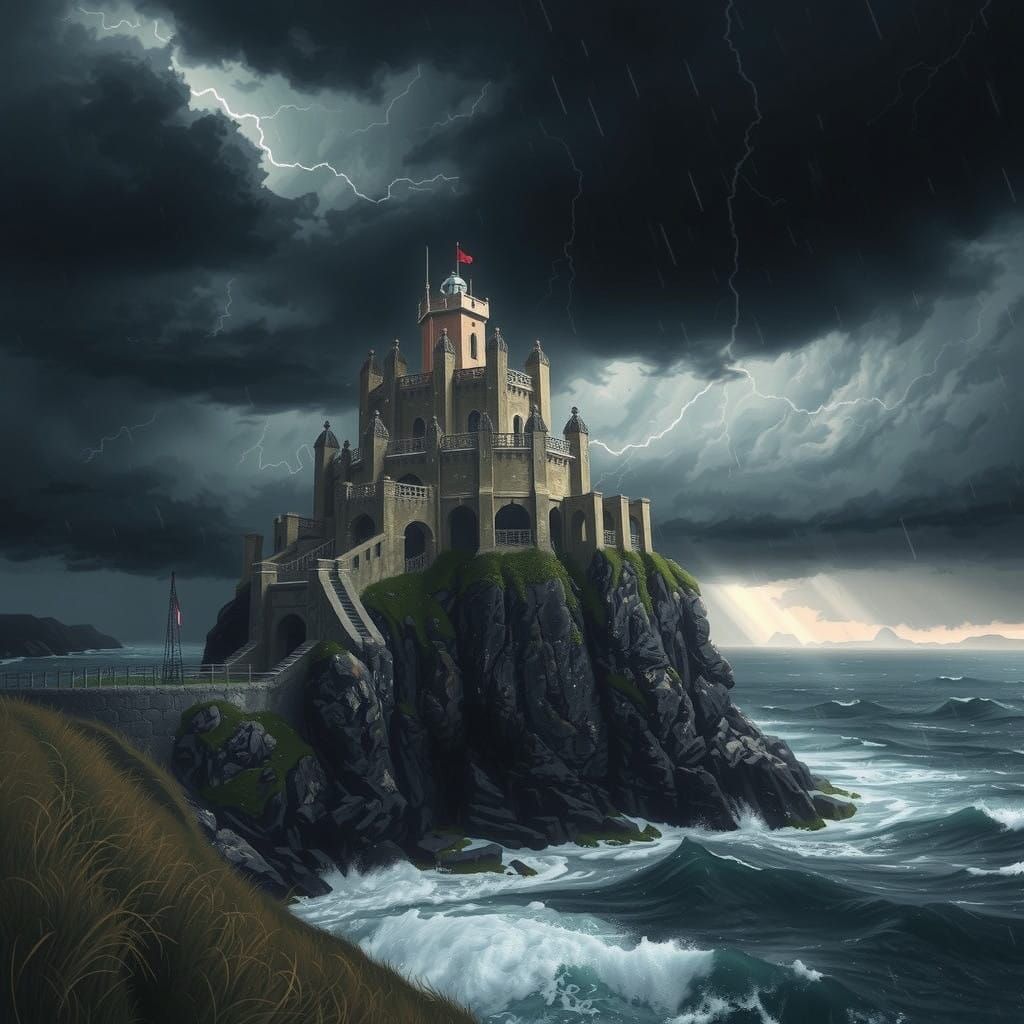 Weathered Lighthouse Tower Illuminated by Thunderstorms