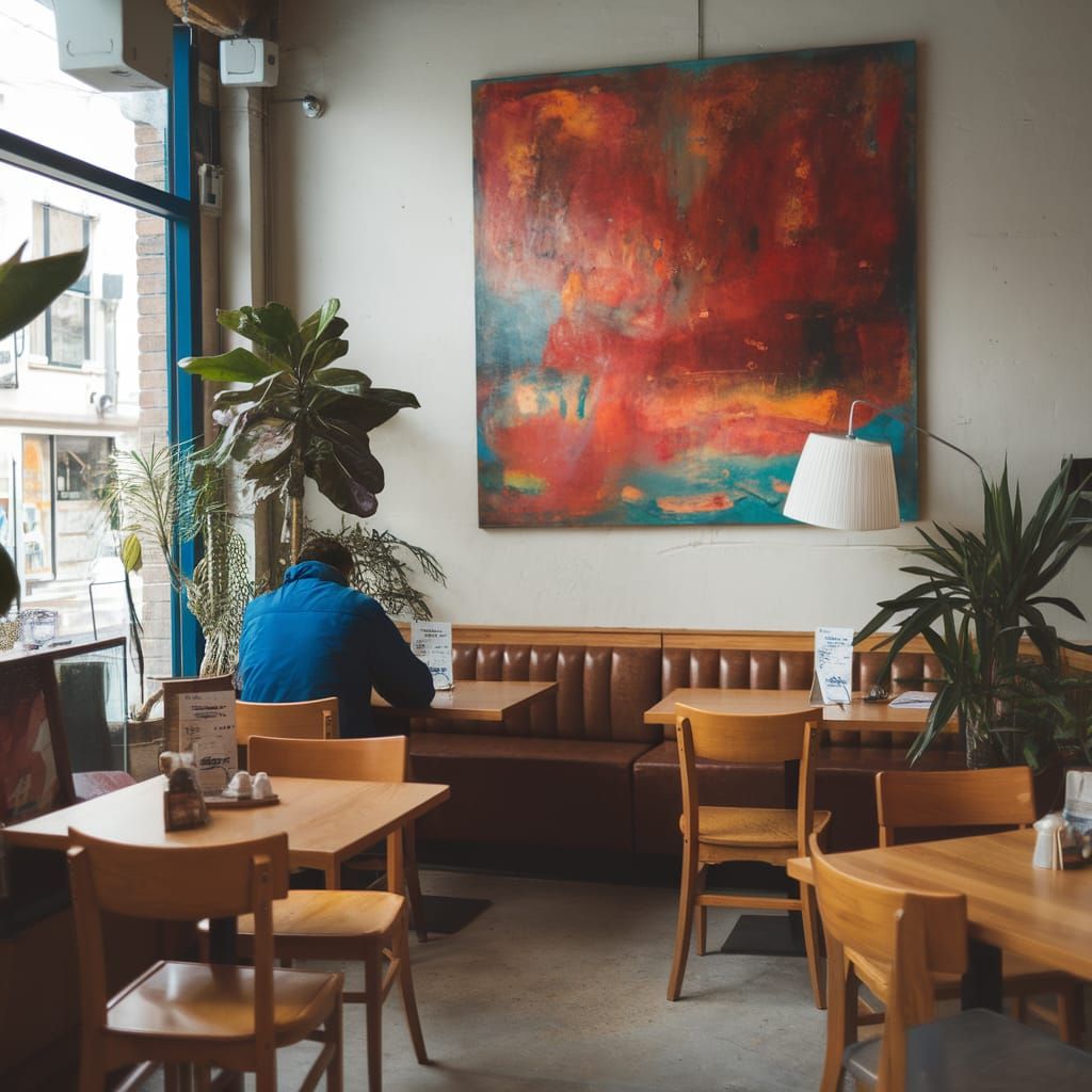 Cozy Coffee Shop Interior with Abstract Art