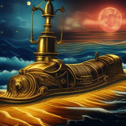 Golden Sea Train at Night in Renaissance Style