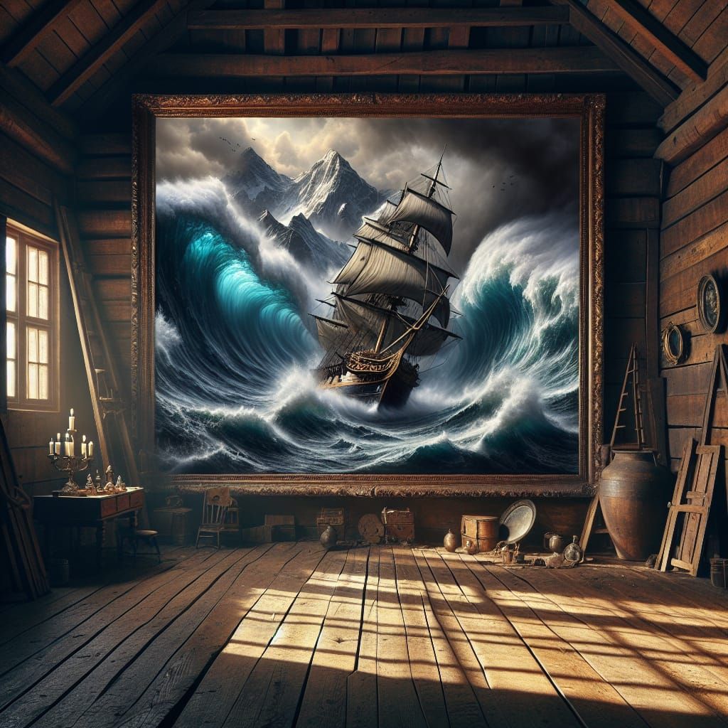 Turbulent Seas Spill from Canvas in Oil Painting