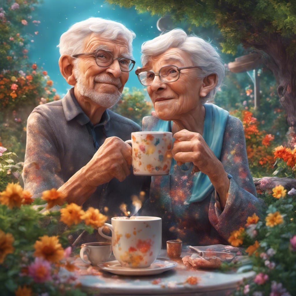 GrandParent Sitting in their garden drinking coffee