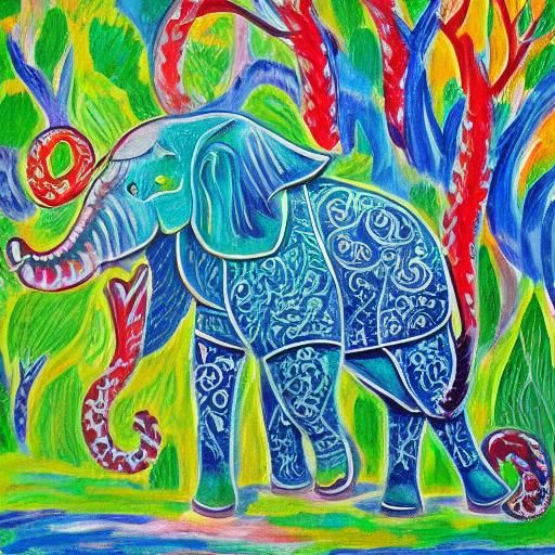 Mythical Elephant's Forest Journey in Fauvist Folk Art