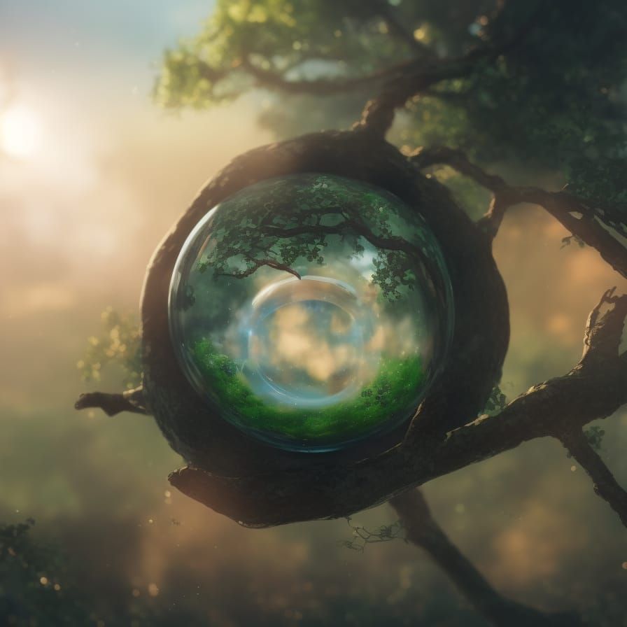 Glass Sphere in Tree Branches, Detailed Digital Art
