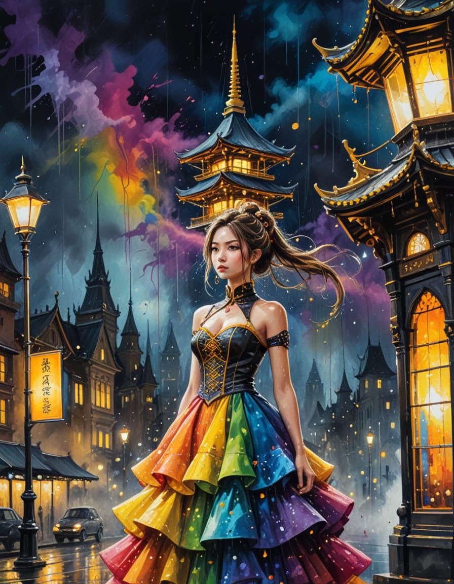 Steampunk Pagoda Illustration in Vivid Rainbow Colors