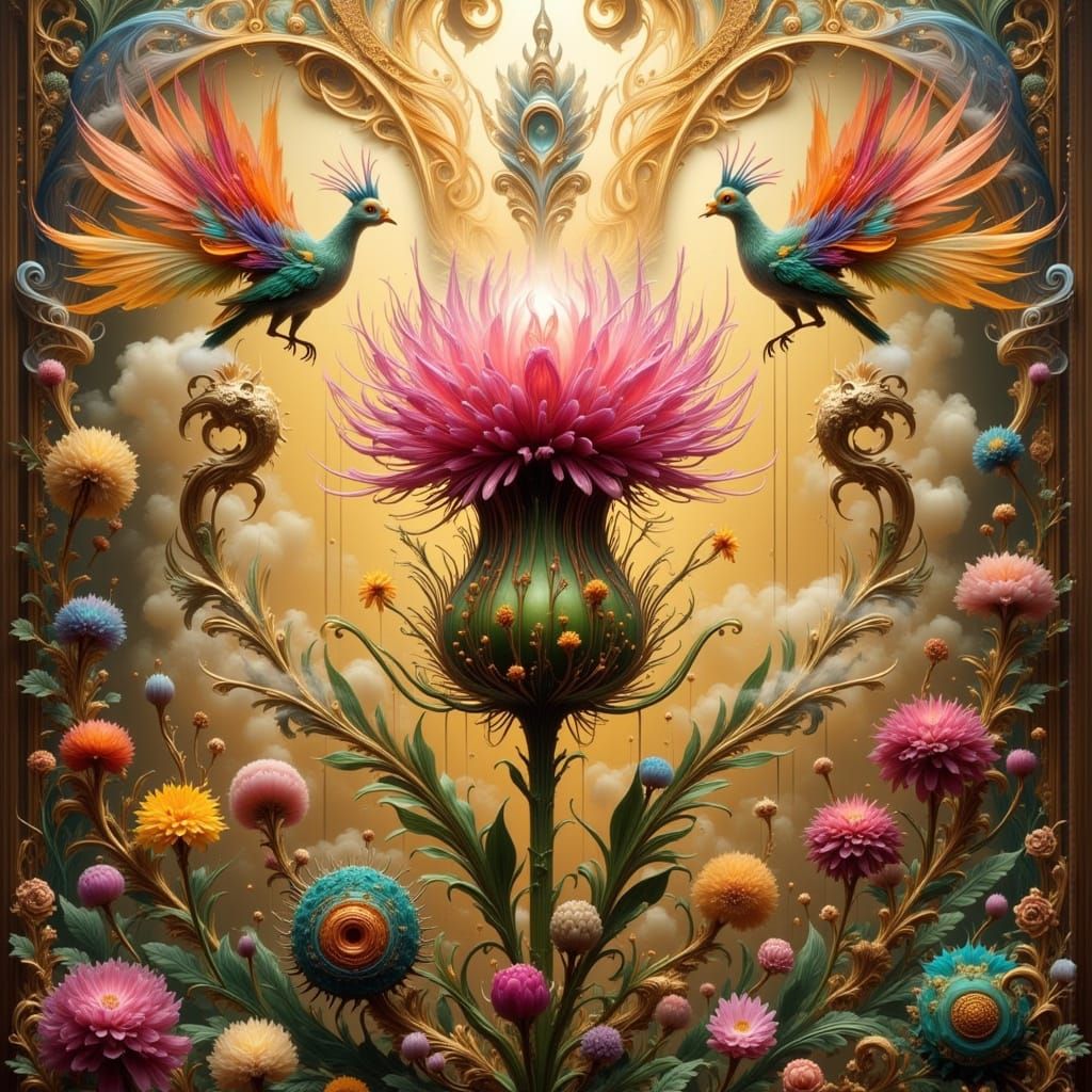 Macroscopic Thistle Blooms with Alebrije Birds in Art Nouvea...