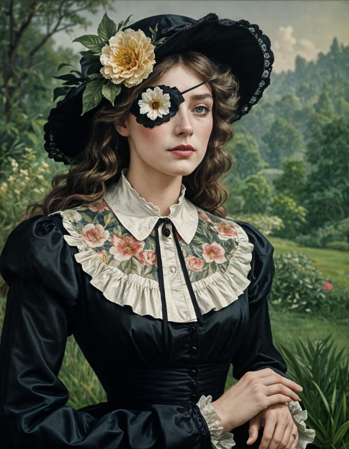 Edwardian Lady with Eyepatch in Botanical Garden