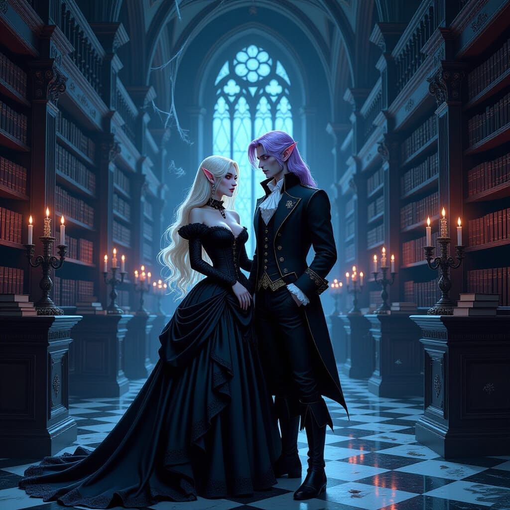 Eerie Romance: Vampire and Elf in Decaying Library