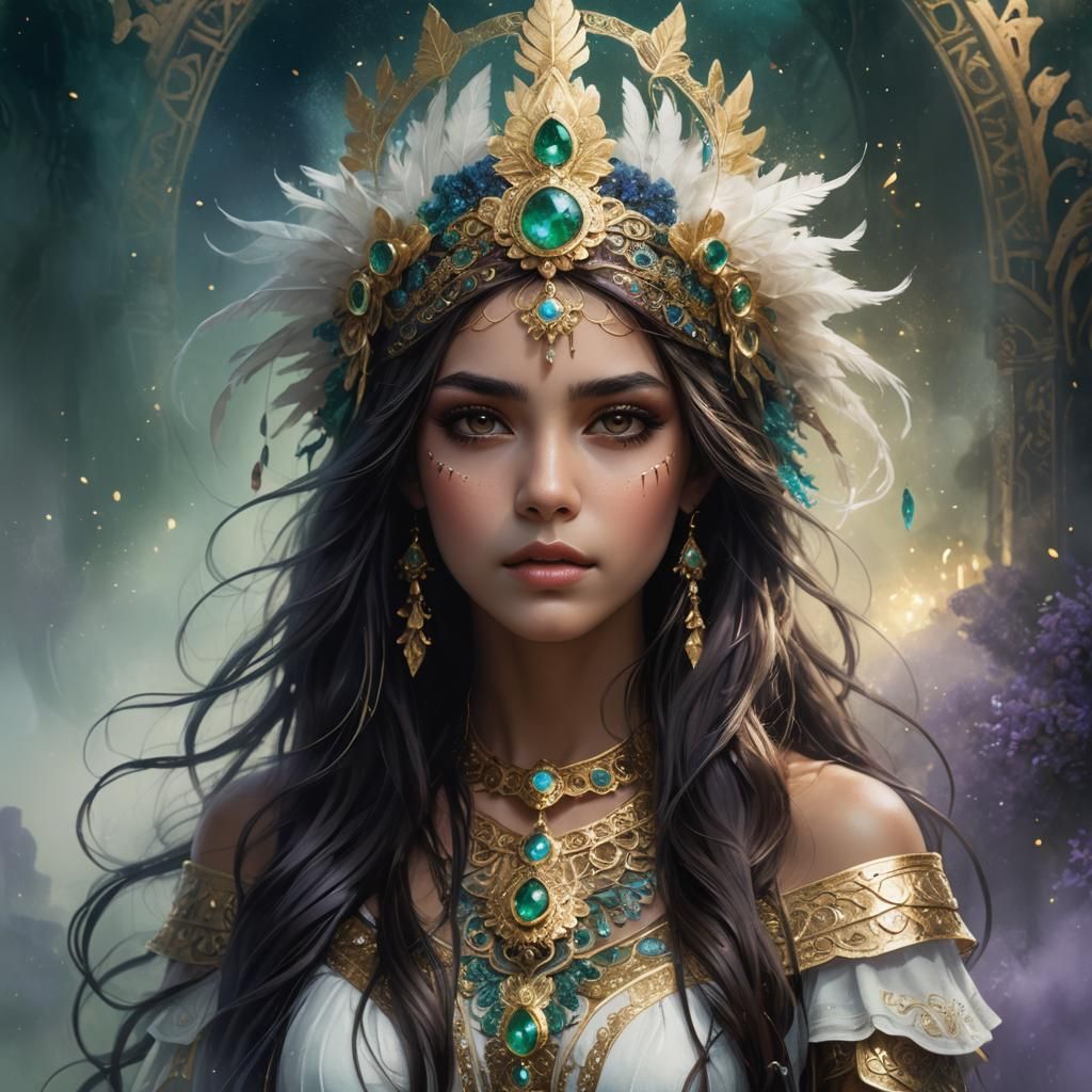 Ethereal Girl Portrait with Golden Headdress