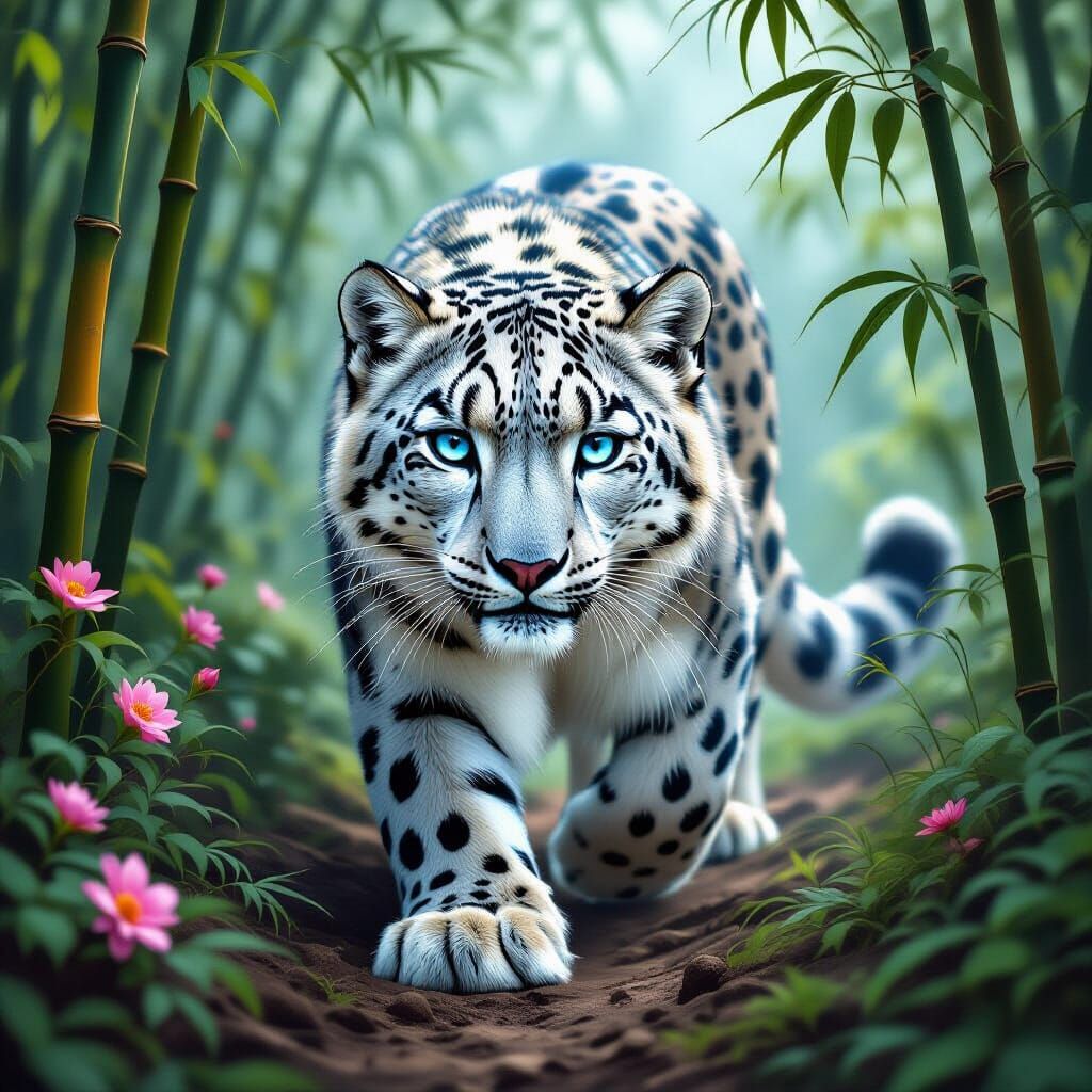 Snow Leopard in Bamboo Forest, Art Nouveau Style