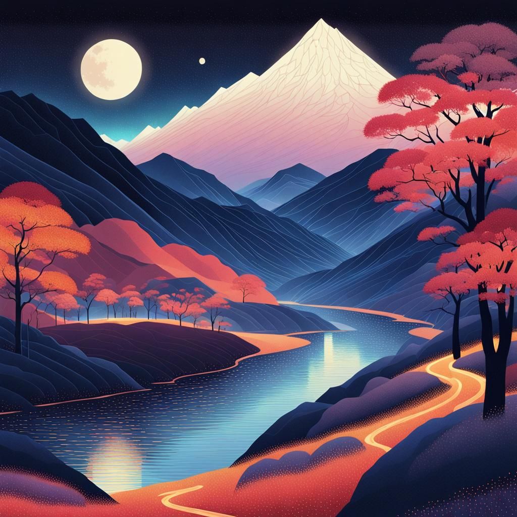 Ethereal Night Landscape in Art Nouveau Style