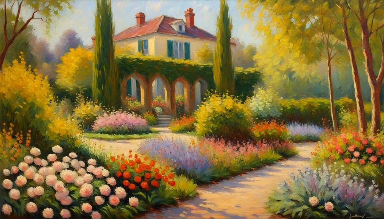 Impressionist Garden in Monet Style, Oil Painting