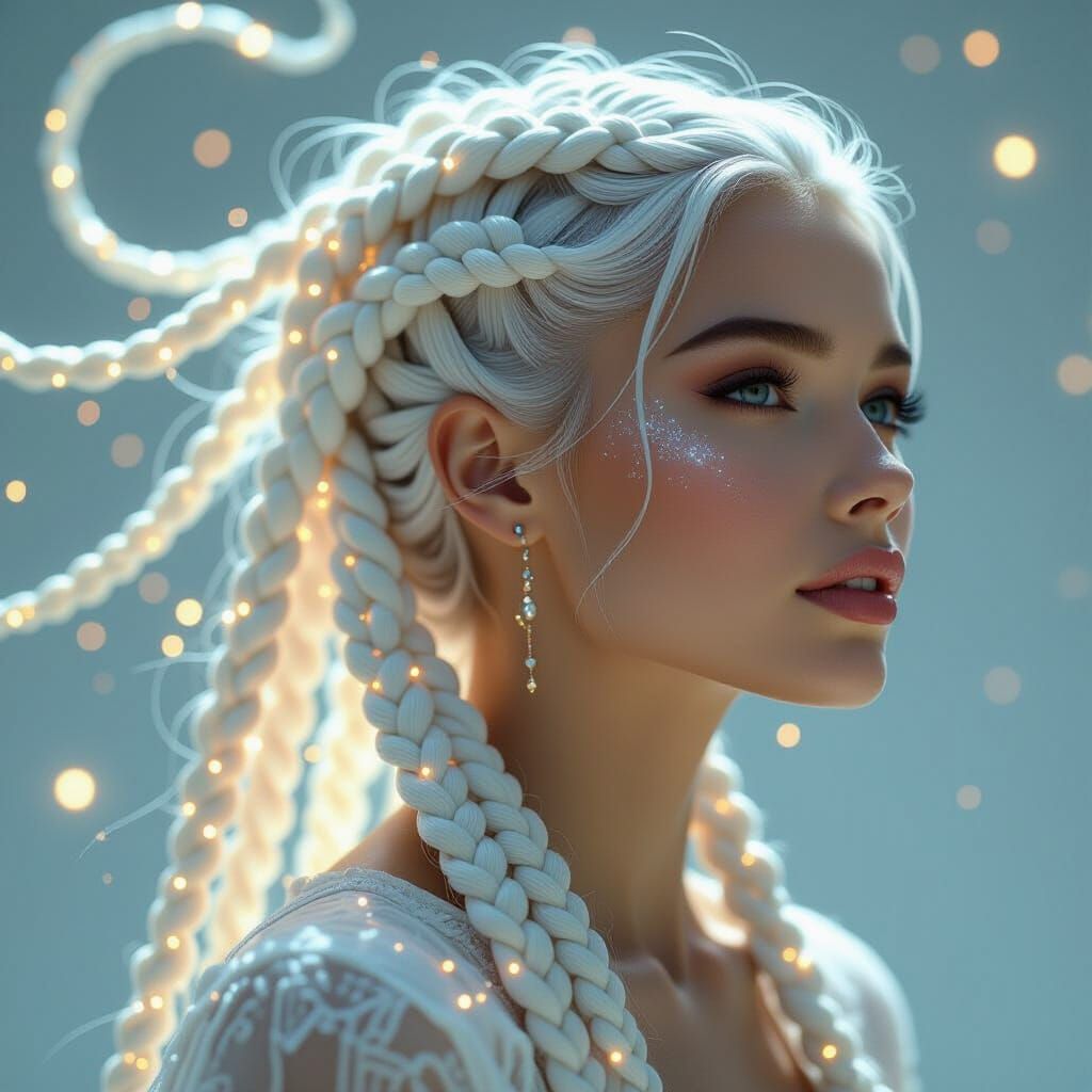 Woman with Cosmic Braids Hairstyle in Pearlescent Tones