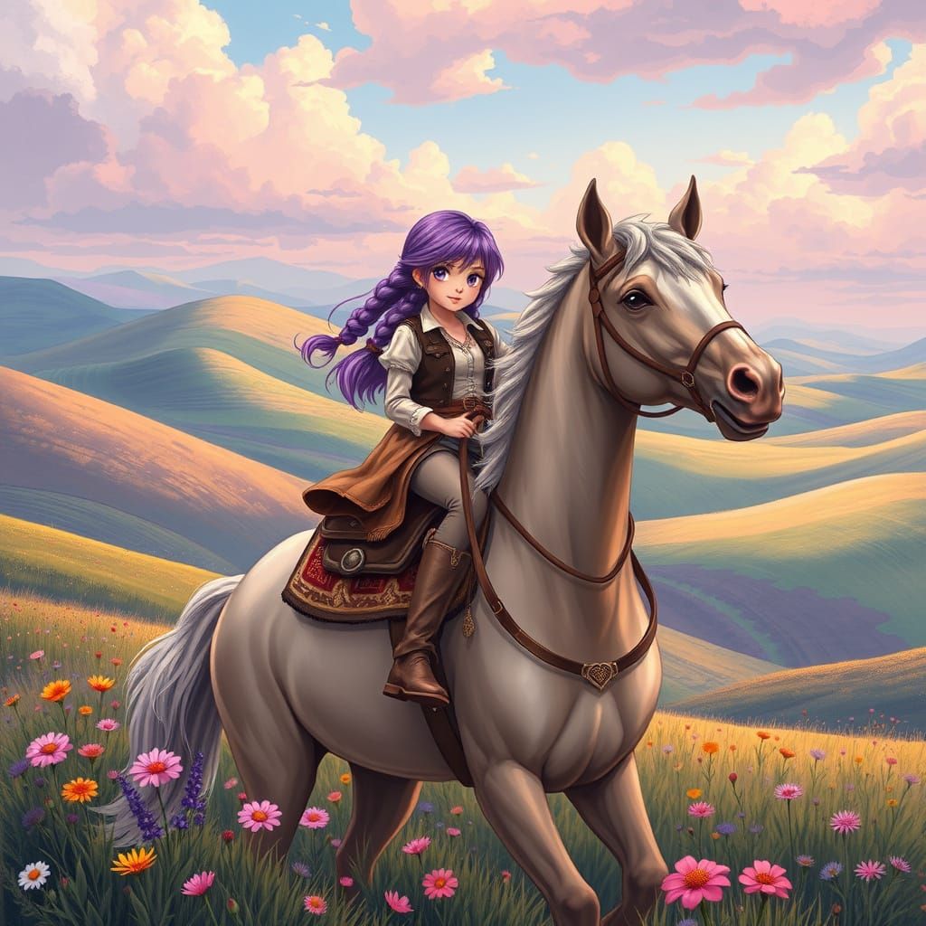Cowgirl with Purple Hair on Mustang in Fantasy Landscape