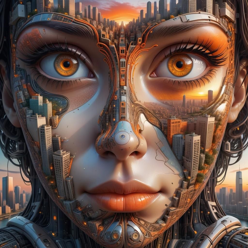 Surreal AI Face Integrated with Cityscape