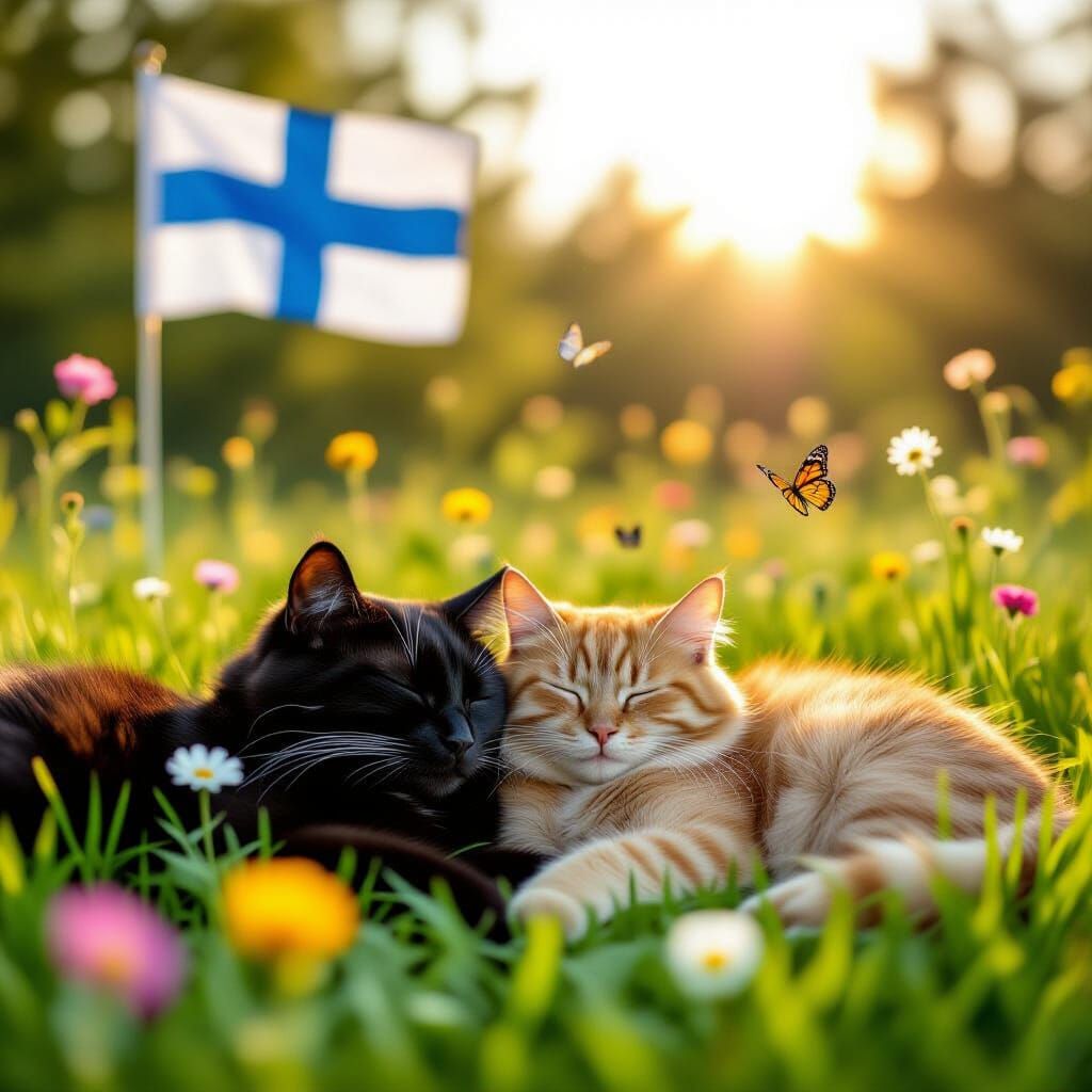 Cats Sleeping on Flower-Filled Field with Finnish Flag
