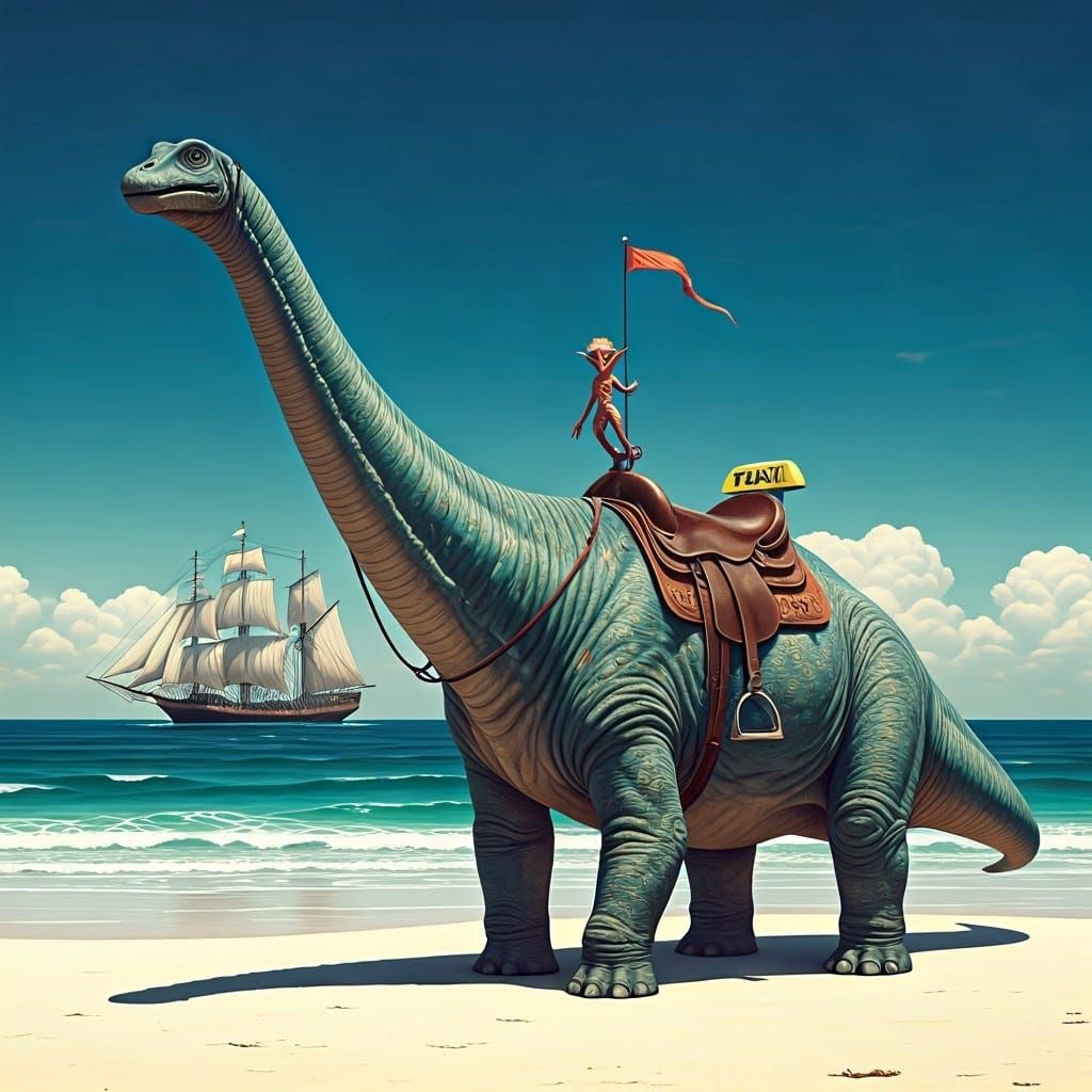 Sea Elf Rides Taxi Dinosaur on Surreal Beach Landscape