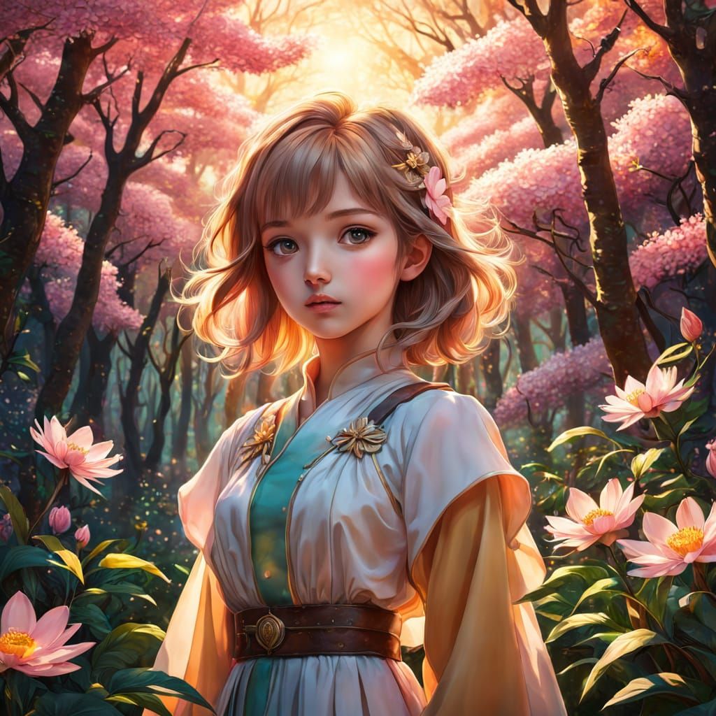 Dreamy Anime Girl in Whimsical Spring Forest