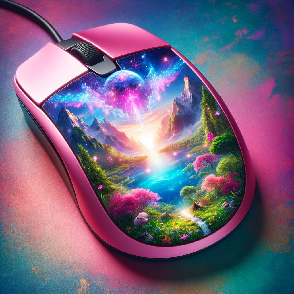 Whimsical Fantasy Realm Inside a Glowing Pink Computer Mouse