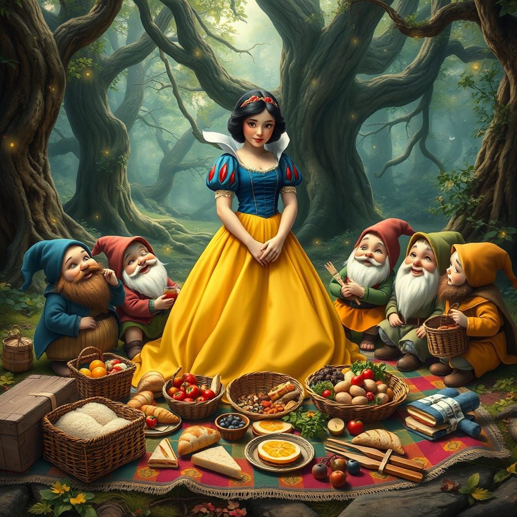 Whimsical Fairy Tale Scene: 7 Dwarfs and Snow White in Encha...