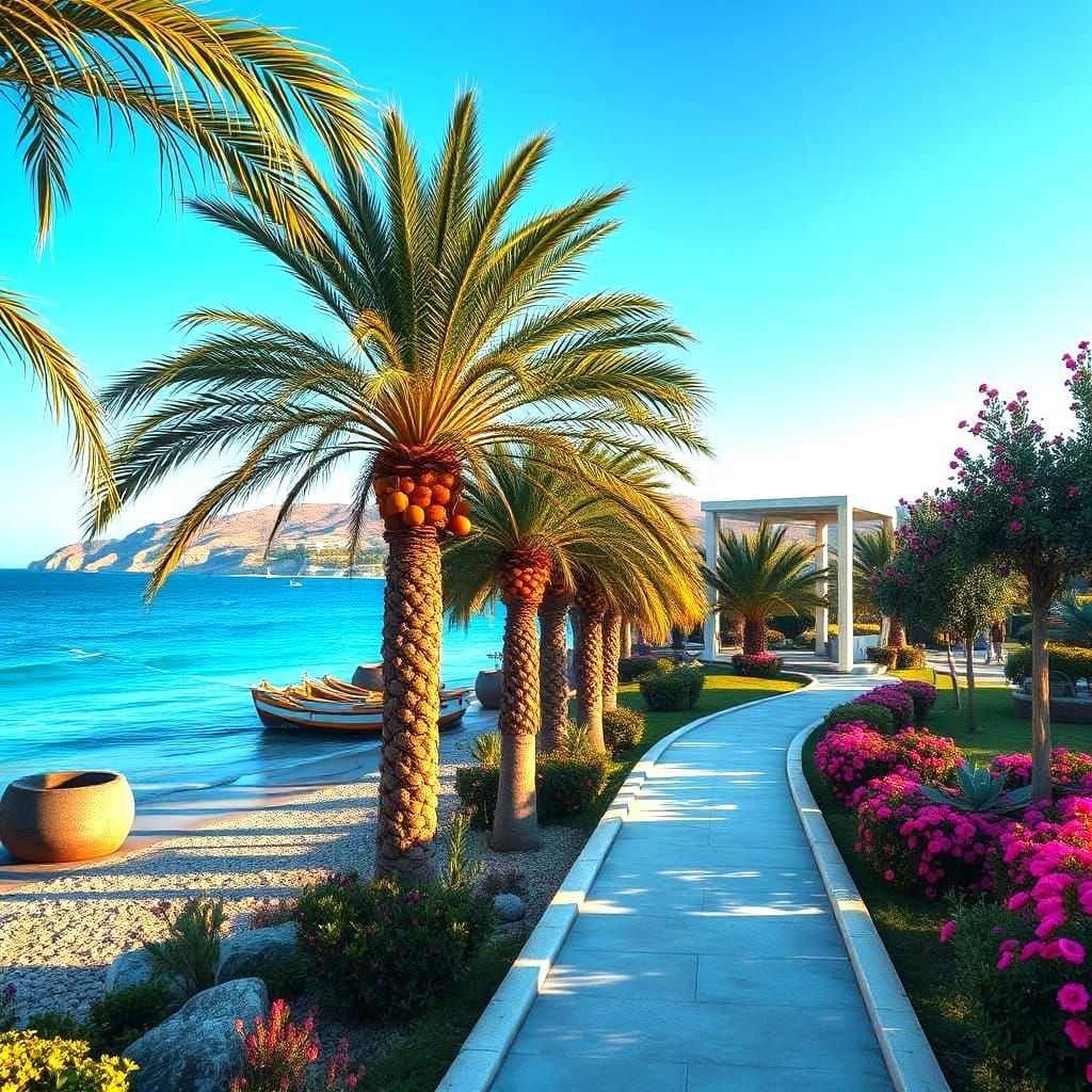 Surreal Latchi Beachscape with Palm Trees and Vibrant Sea