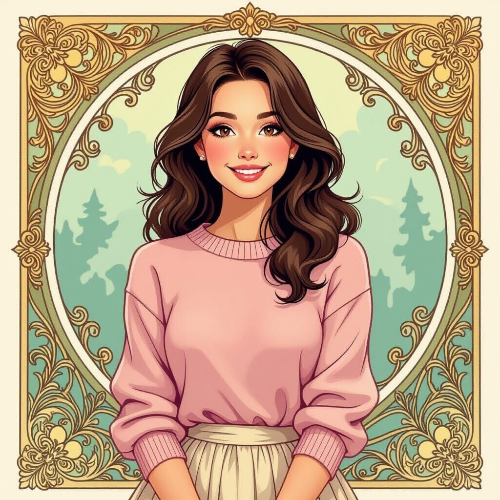 Playful Young Woman with Brown Hair in Pastel Sweater