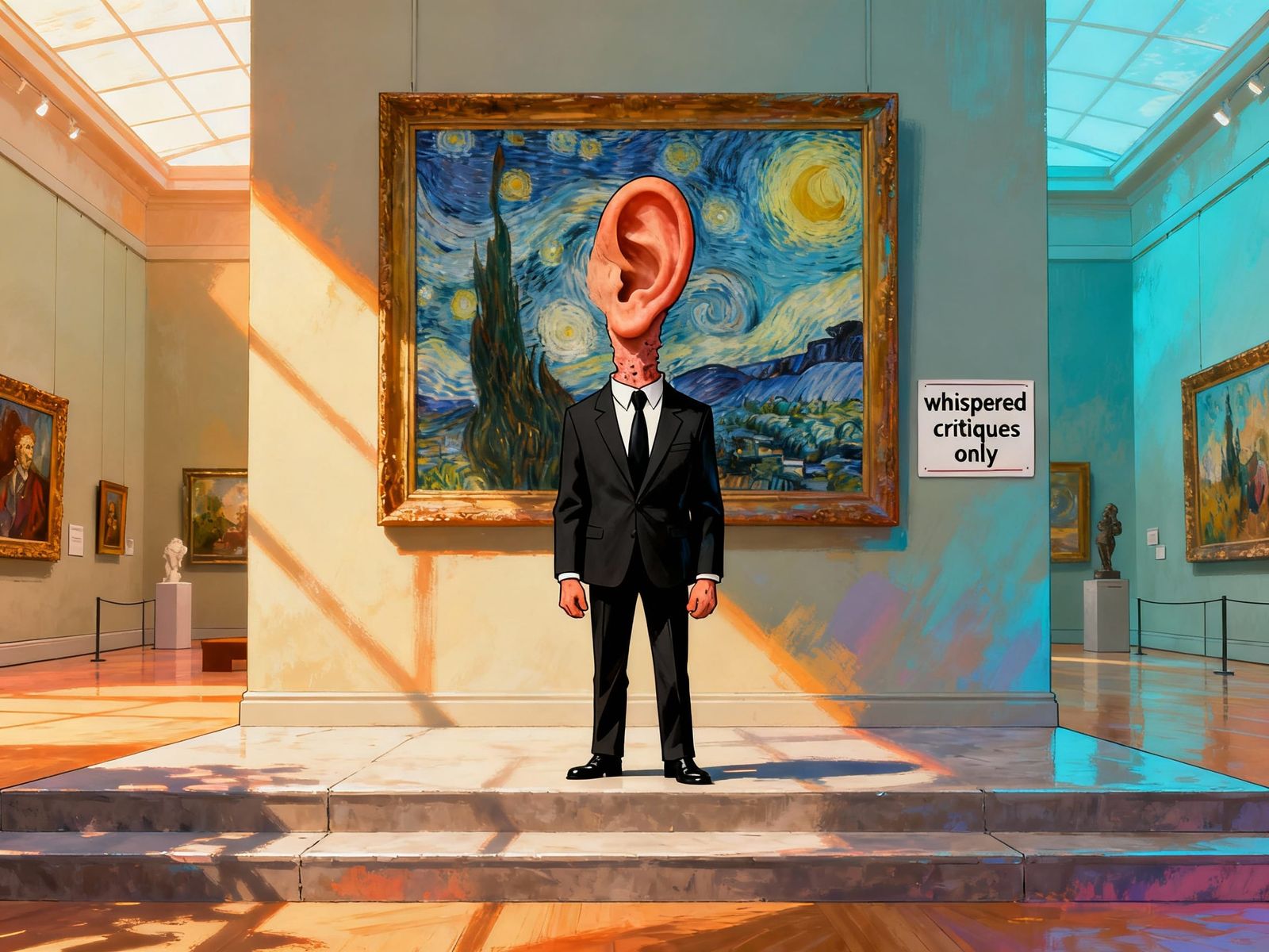 Surreal Art Museum with Talking Ear and Van Gogh Painting