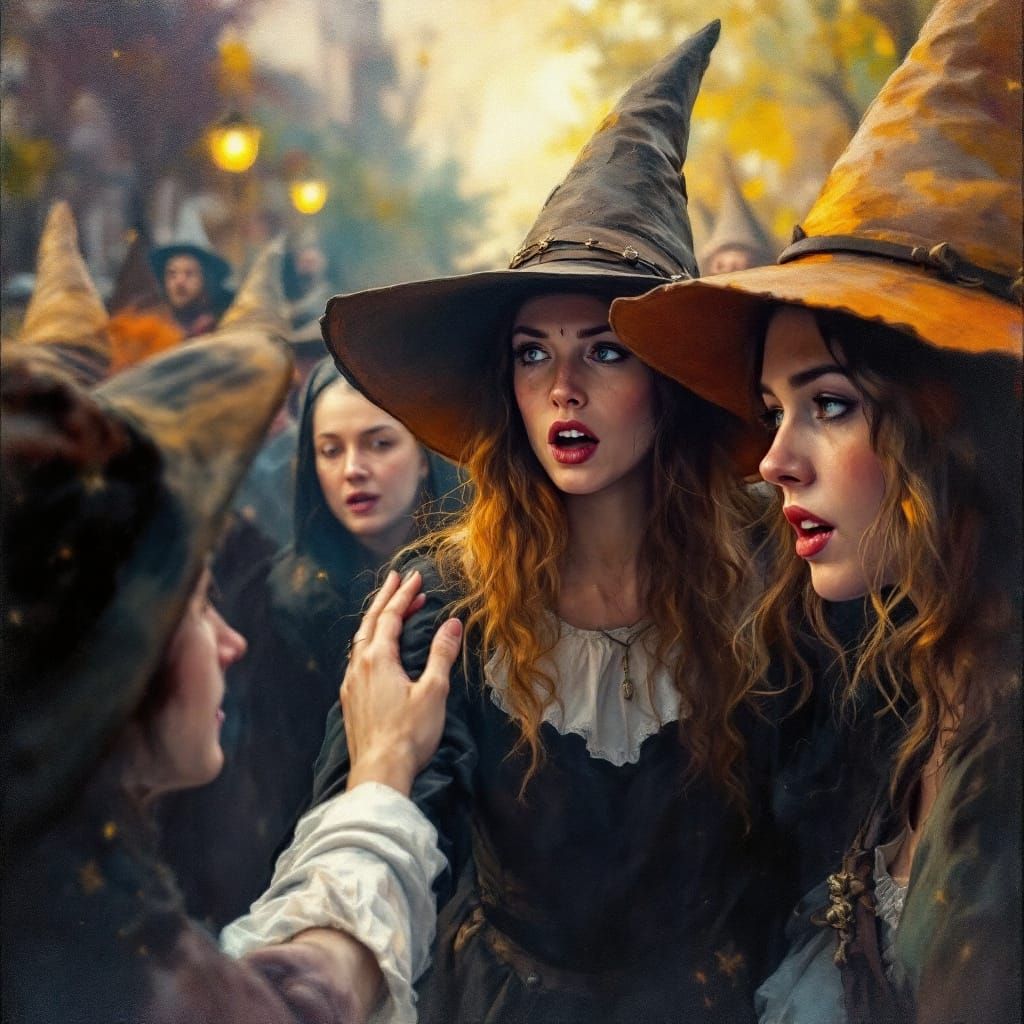 Puritan Mob Accuses Women of Witchcraft in Gouache Style