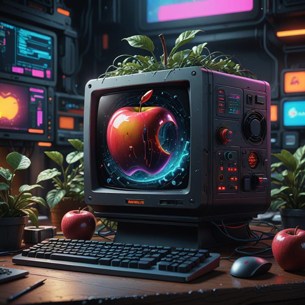 80's Apple Computer in a Fantastical Cyberpunk Aesthetic