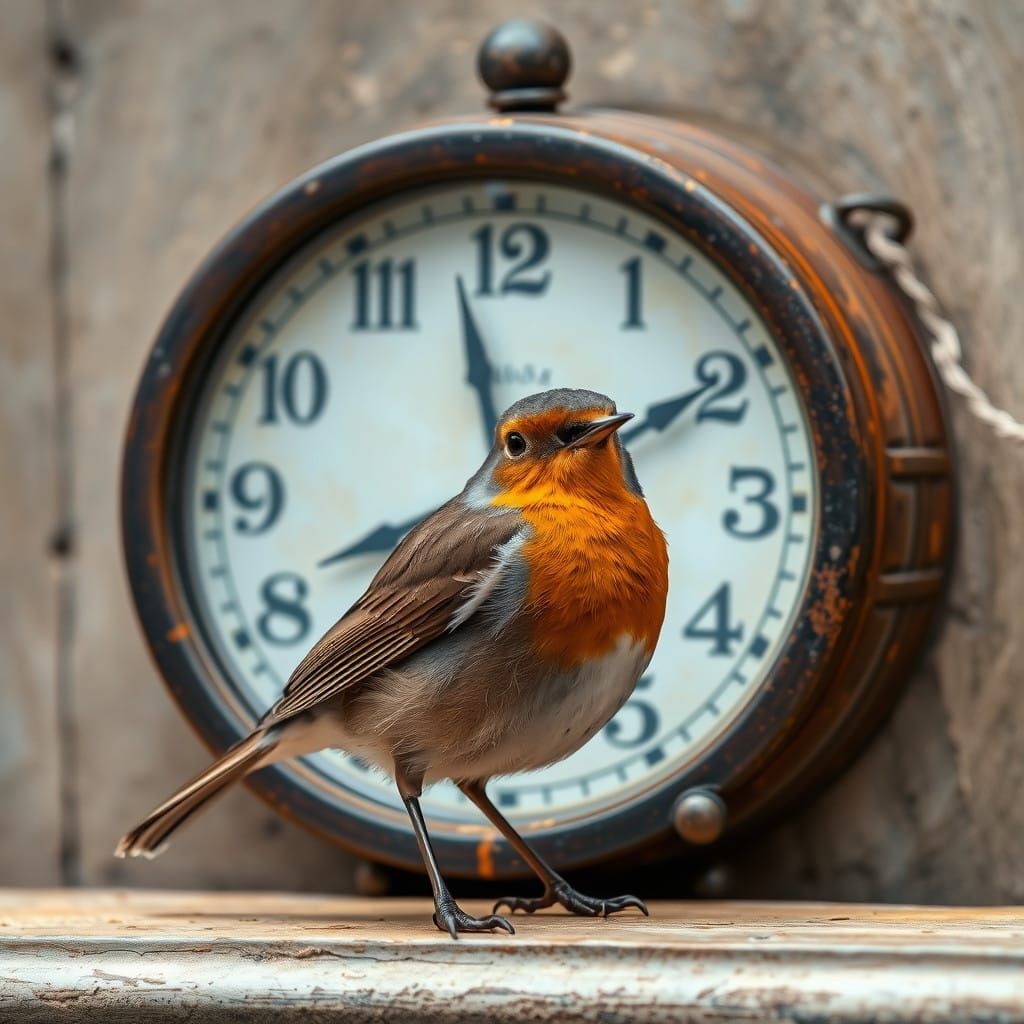 Robin Contemplates an Antique Timekeeper