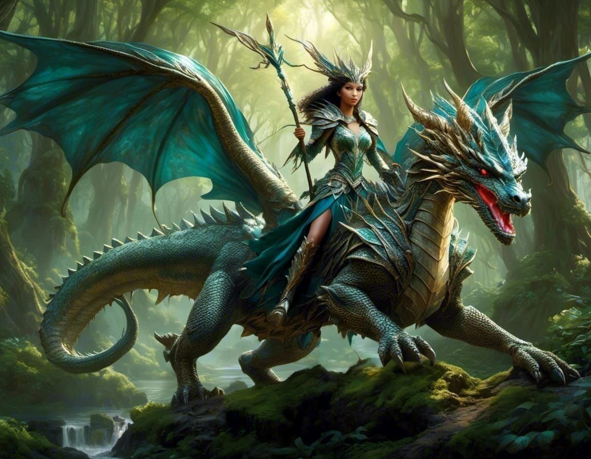 Elven Warrior on Dragon in Hyperreal Style
