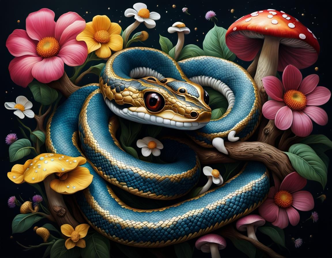 Detailed Flower Snake with Gold Embossing and Celestial Elem...