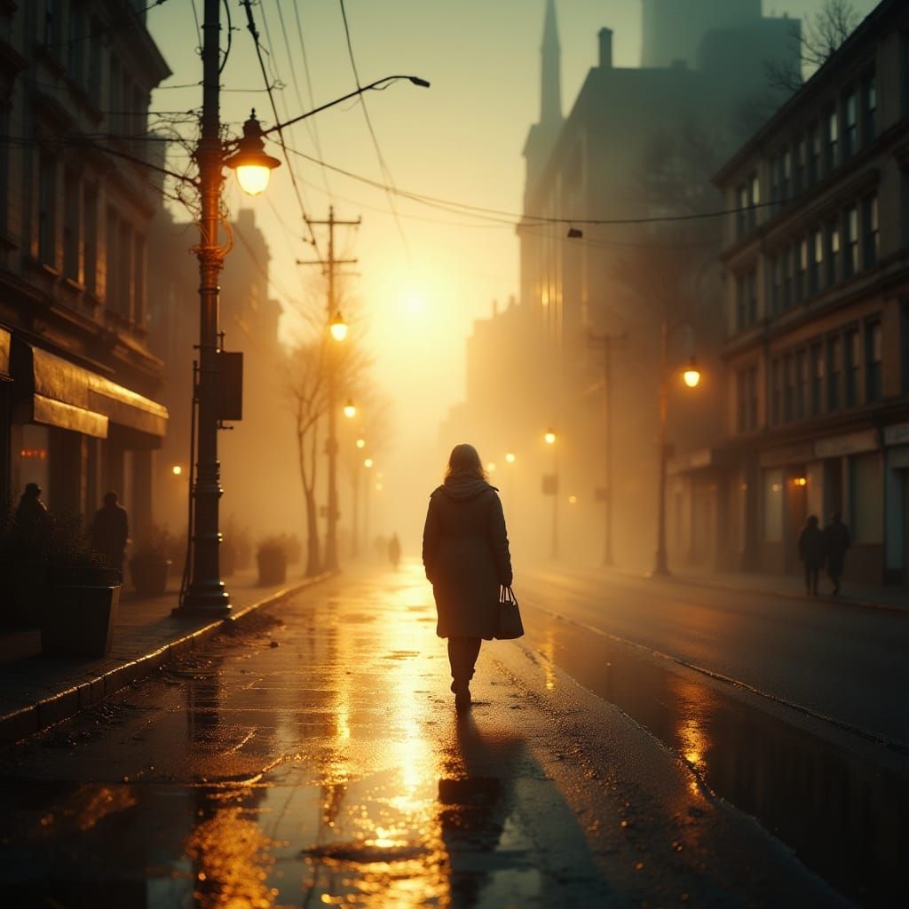 Lone Figure in Vast City at Dusk